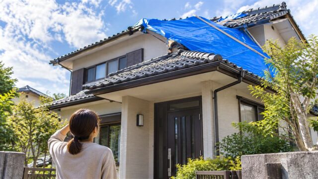 台風のあと屋根の一部にブルーシートがかかった家を、玄関先から見上げる住人