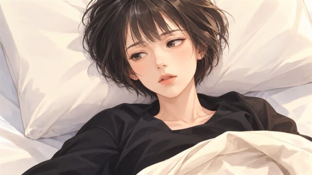 ベッドに横たわる短い黒髪の少女のイラスト