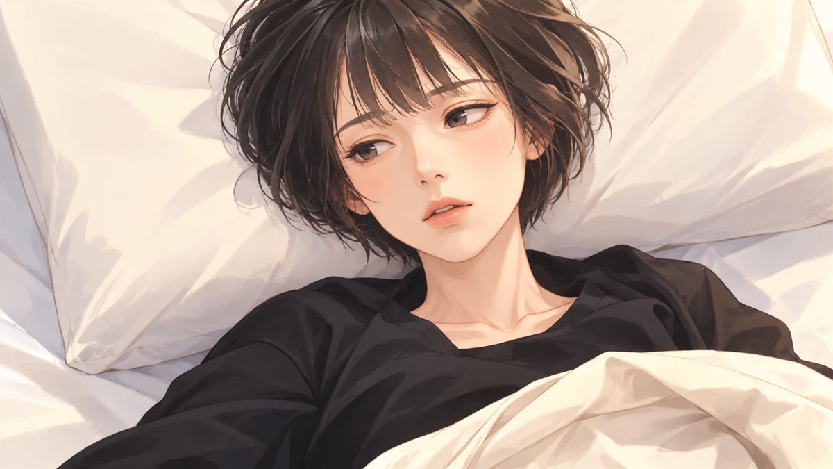 ベッドに横たわる短い黒髪の少女のイラスト