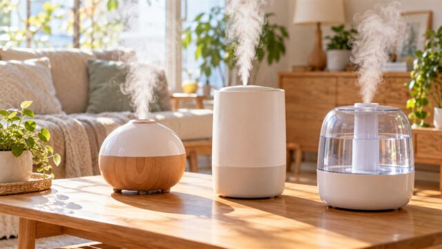 明るいリビングのテーブルに並んだ、形の違う3台の加湿器から湯気が出ている様子
